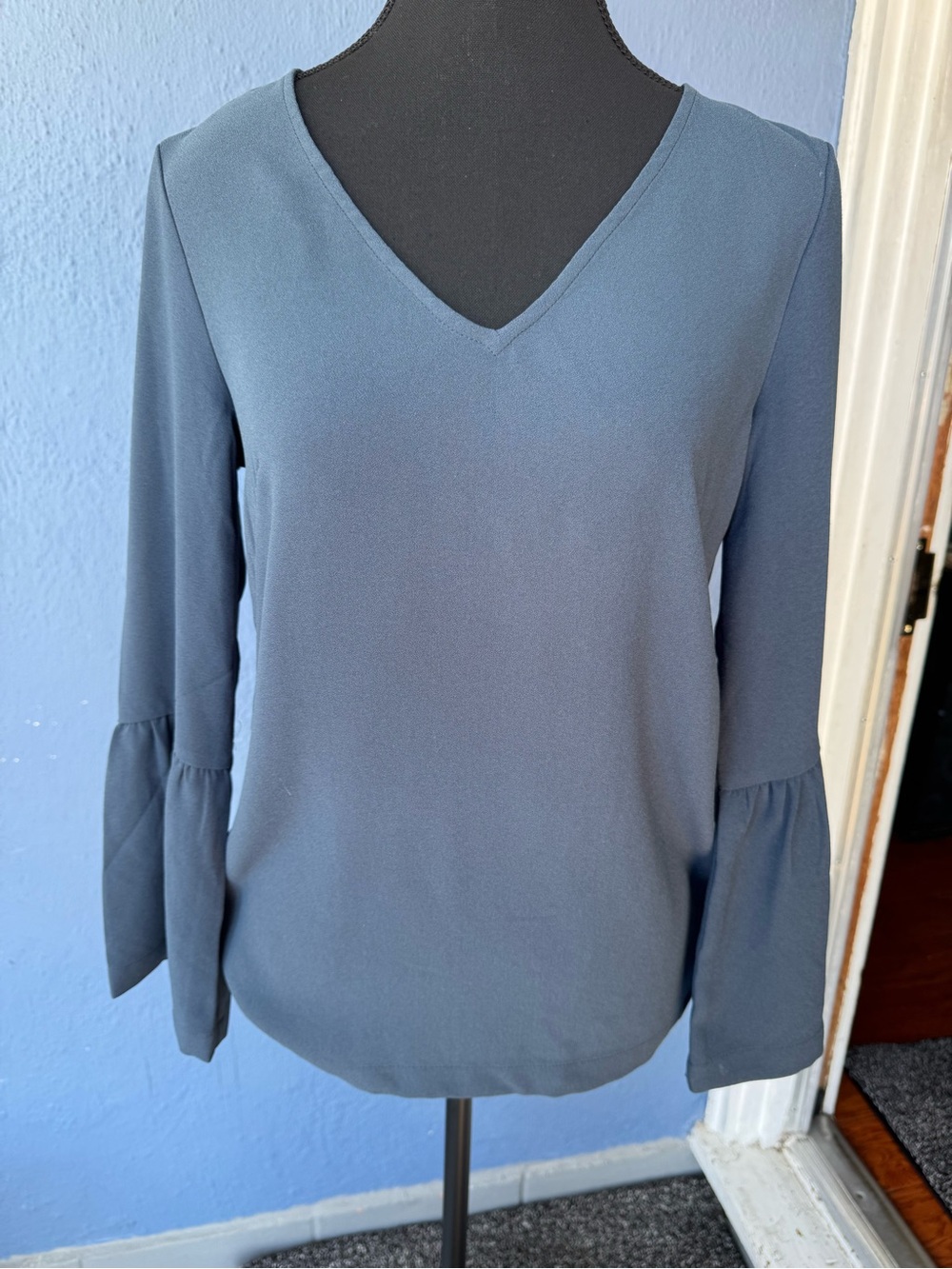 Dalia Navy V-Neck Bell Sleeve Blouse